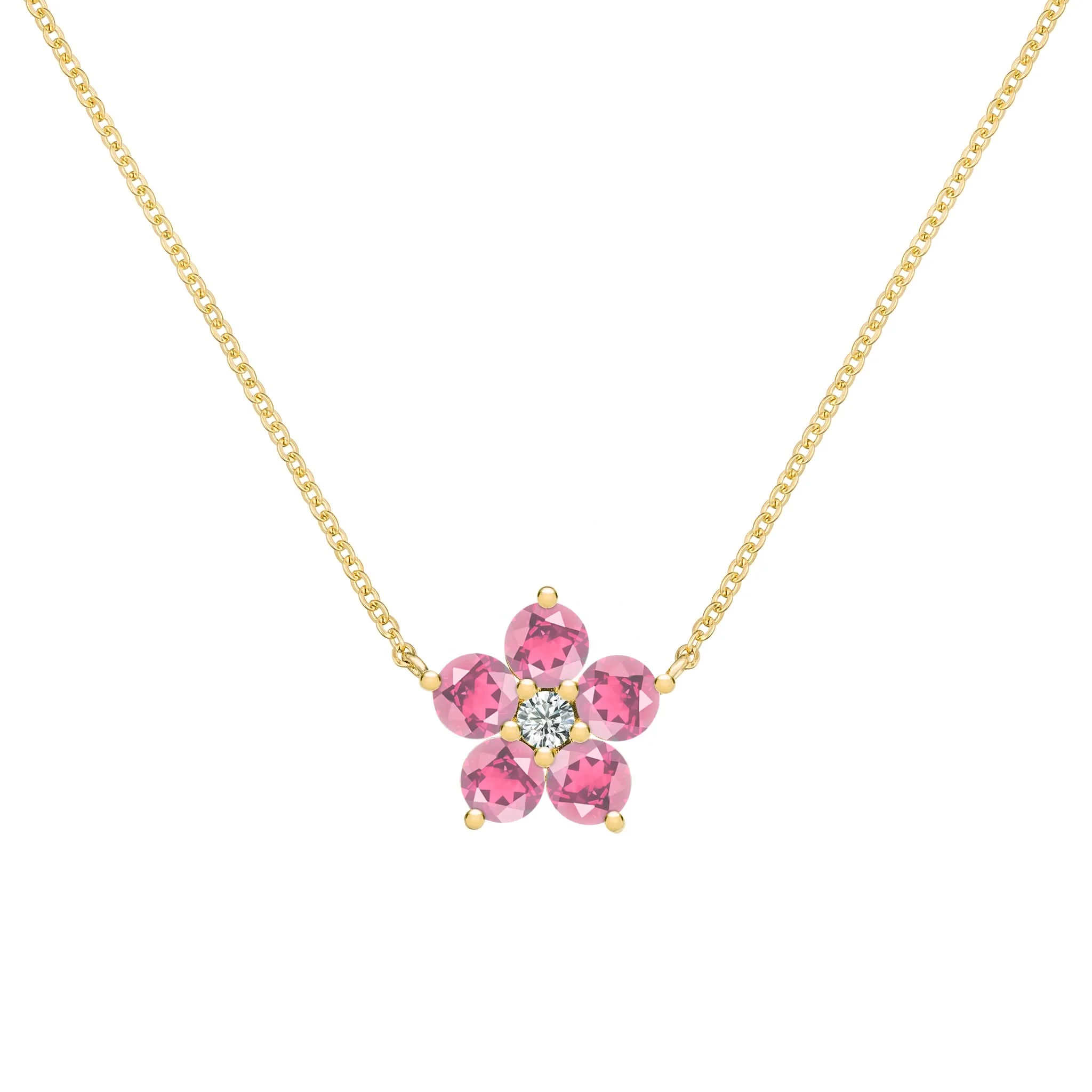 The Vault: Greenwich Flower Pink Tourmaline & Diamond Necklace, Yellow Gold Size Large with 2" Extender