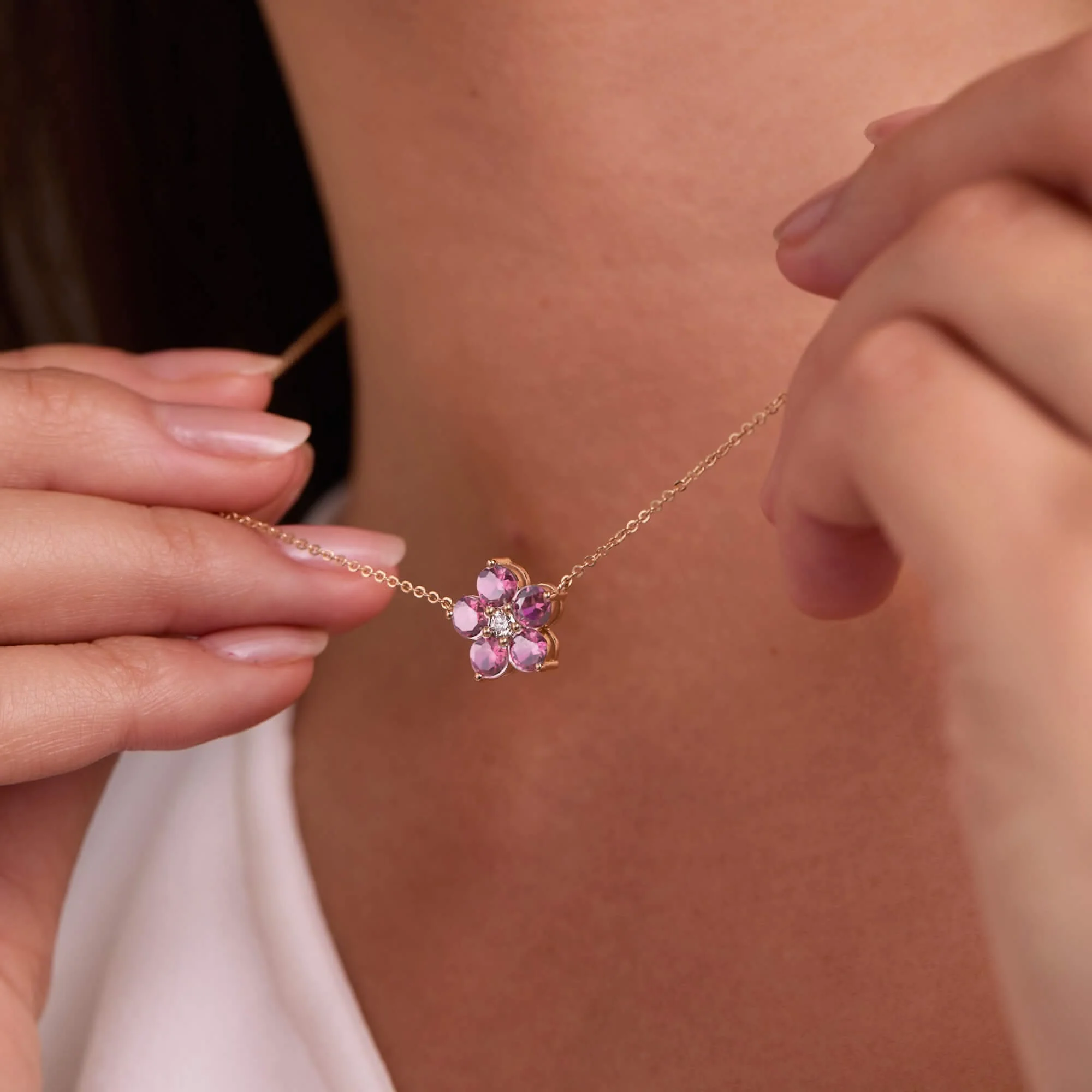 The Vault: Greenwich Flower Pink Tourmaline & Diamond Necklace, Yellow Gold Size Large with 2" Extender - Image 6
