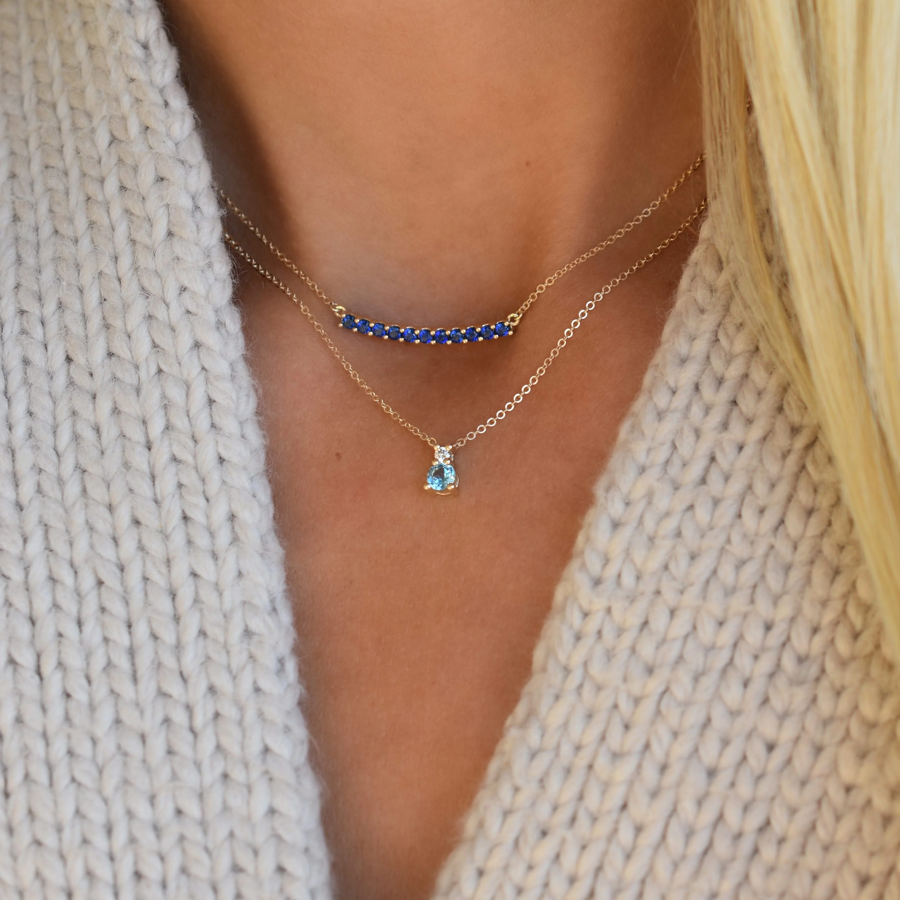 The Vault: Greenwich Solitaire Nantucket Blue Topaz & Diamond Necklace, Yellow Gold Size Small with 1" Extender - Image 8