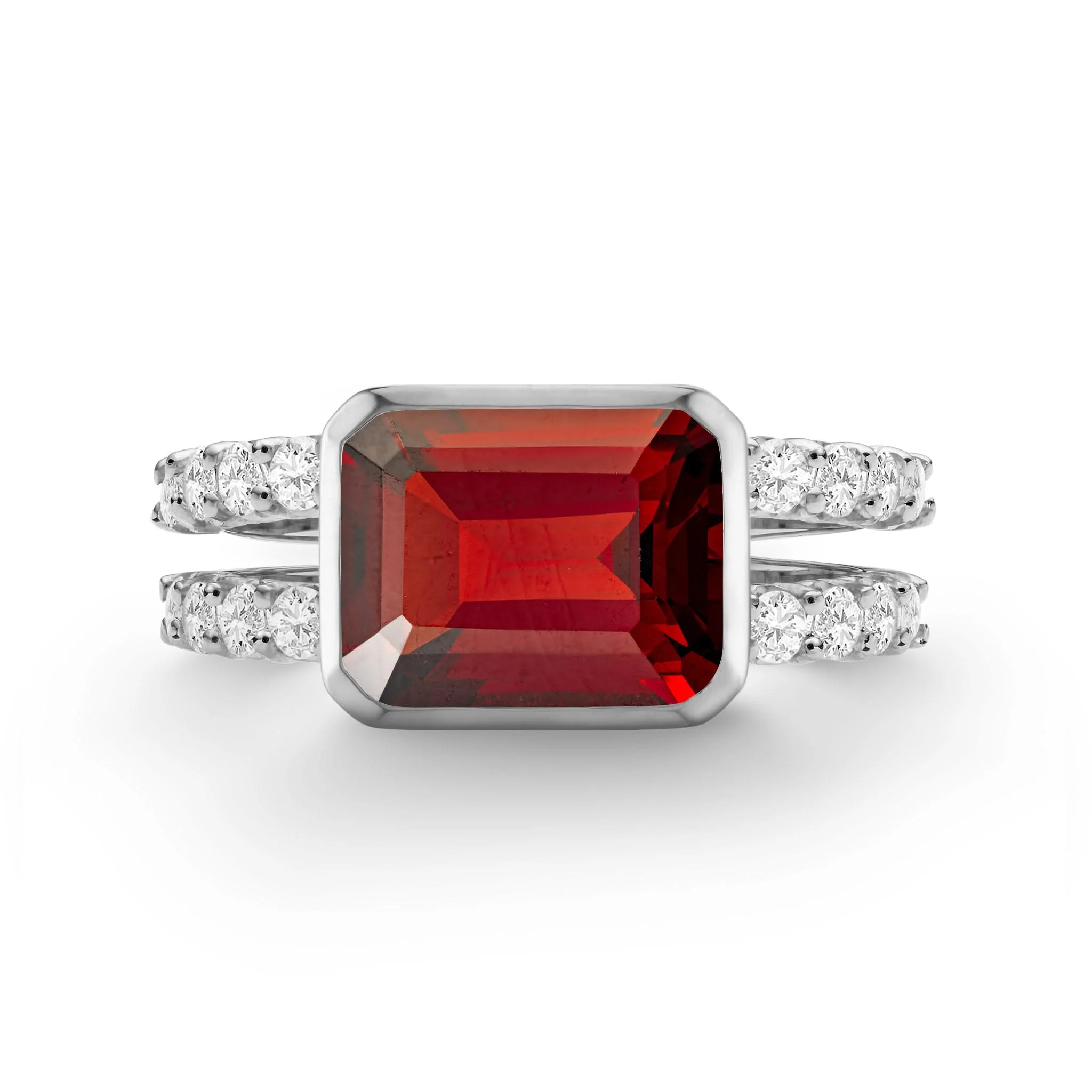The Vault: Warren Horizontal Garnet Ring with Diamonds, White Gold Size 7
