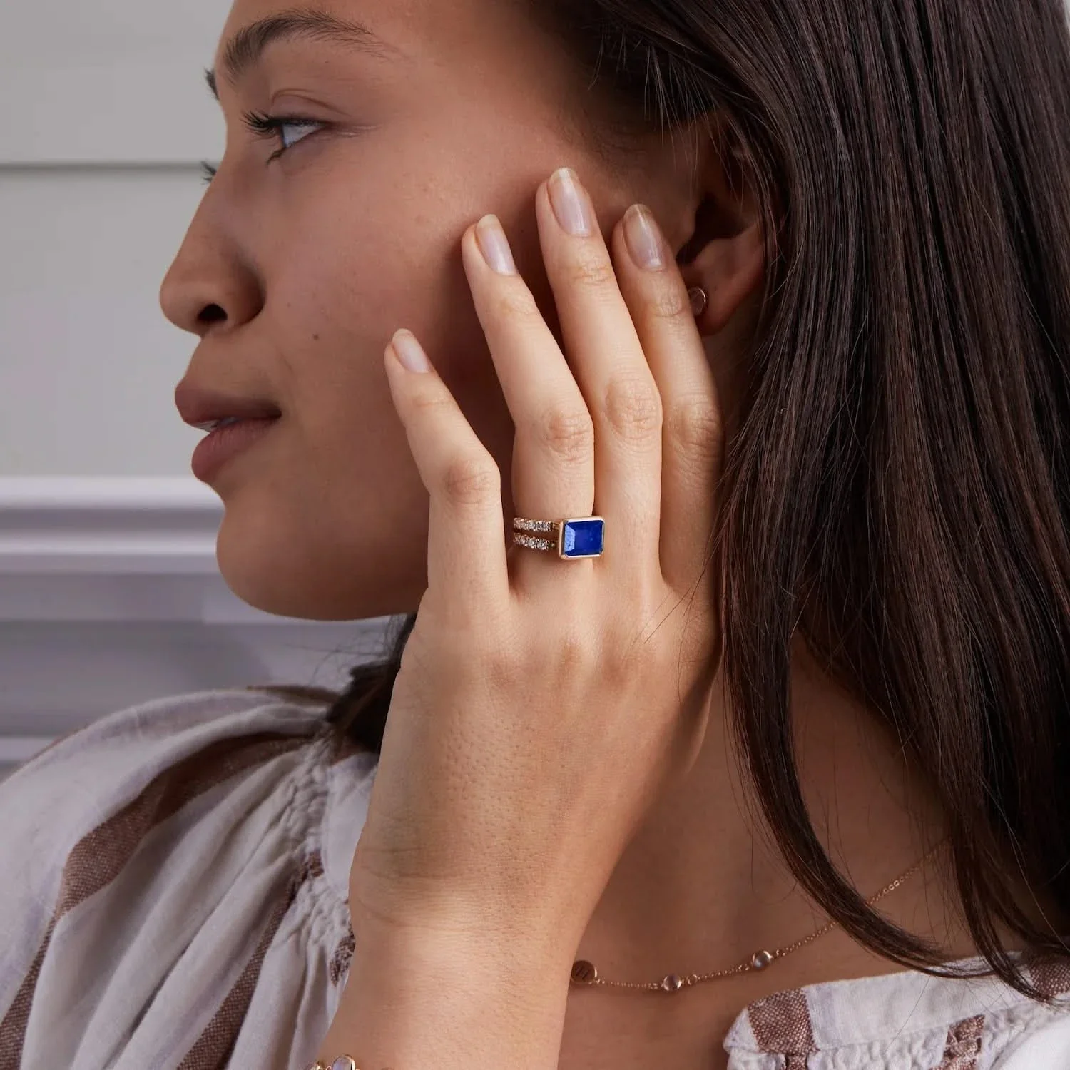 Warren Horizontal Lapis Ring with Diamonds in 14k Gold (September) - Image 3