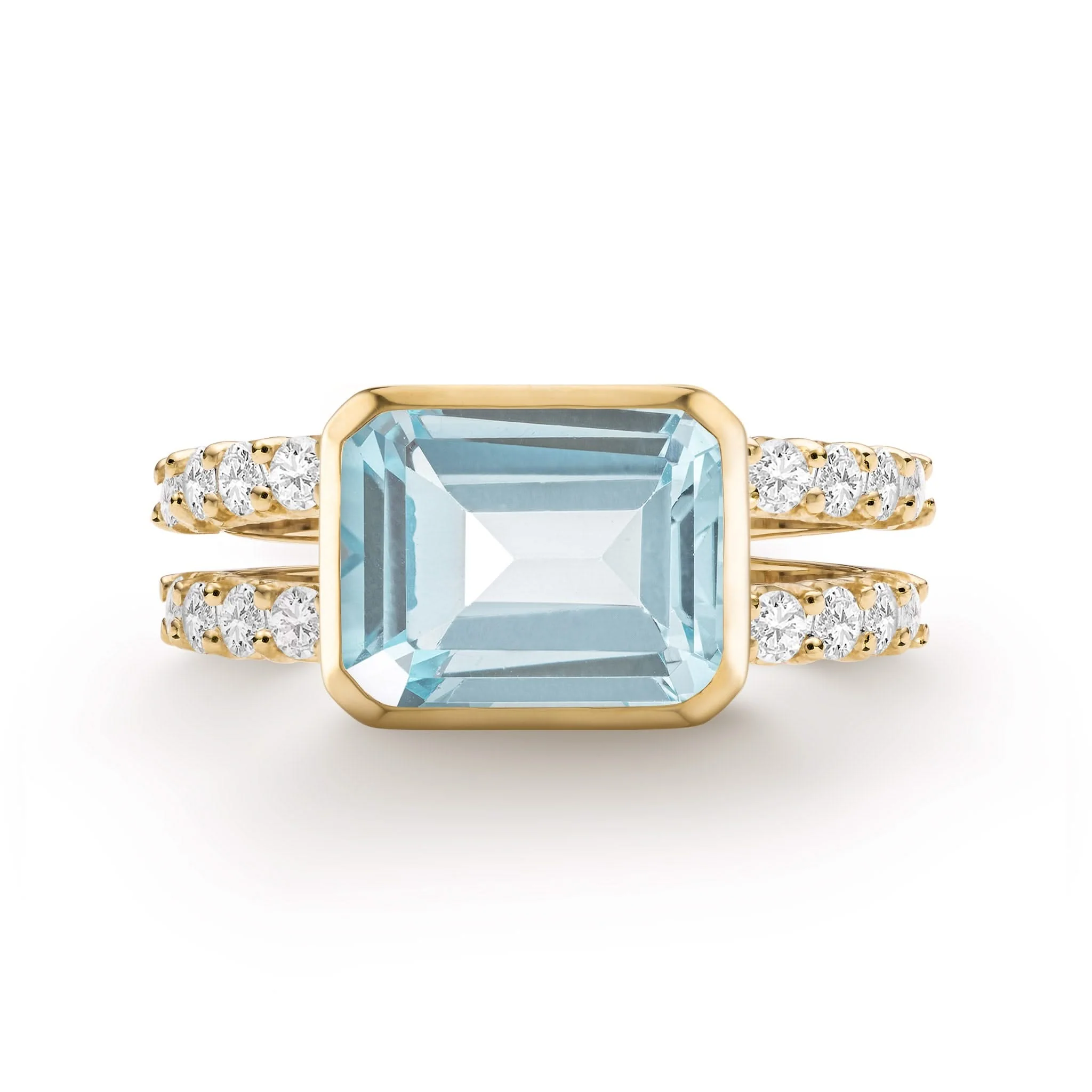The Vault: Warren Horizontal Nantucket Blue Topaz Ring with Diamonds, Yellow Gold Size 8