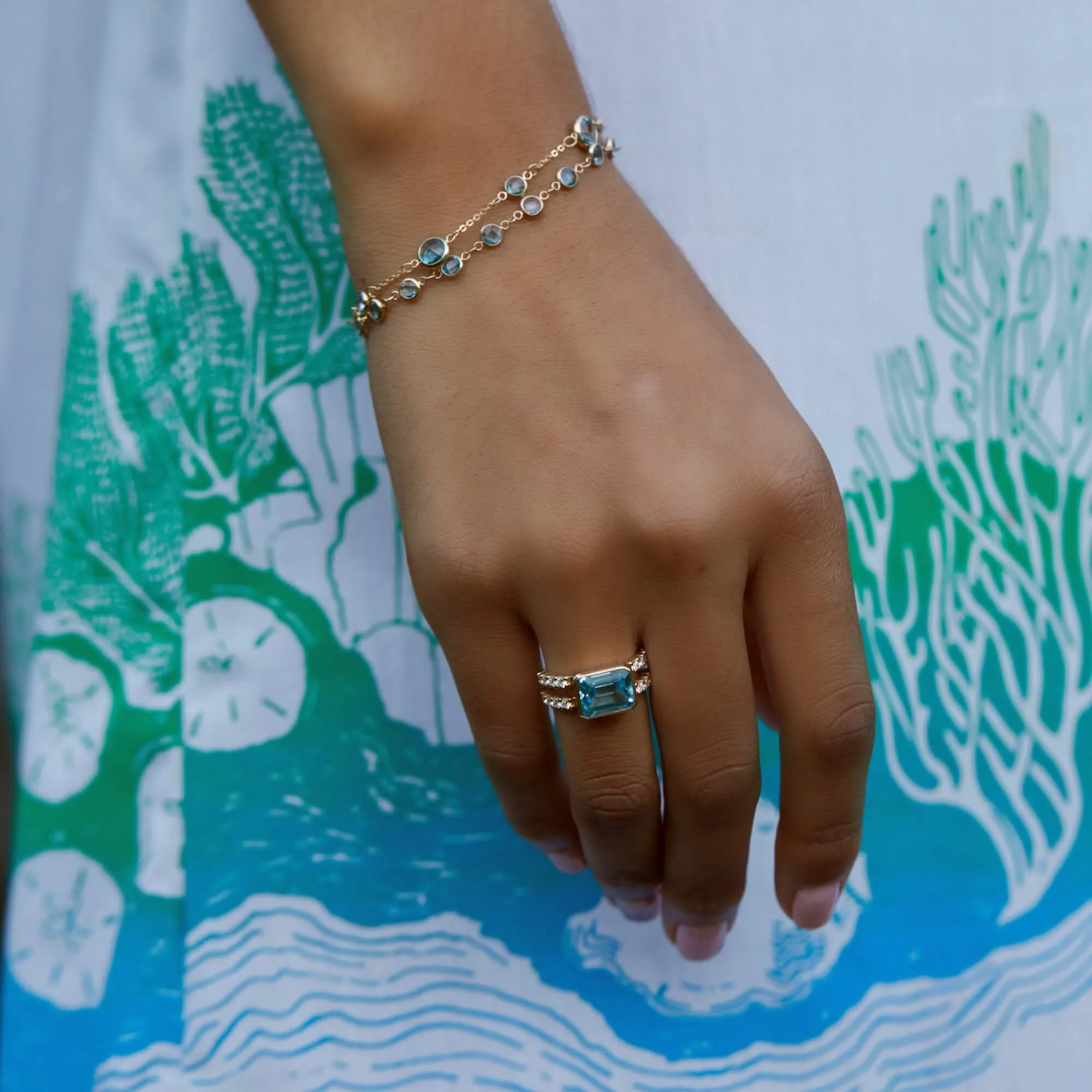 The Vault: Warren Horizontal Nantucket Blue Topaz Ring with Diamonds, Yellow Gold Size 8 - Image 11