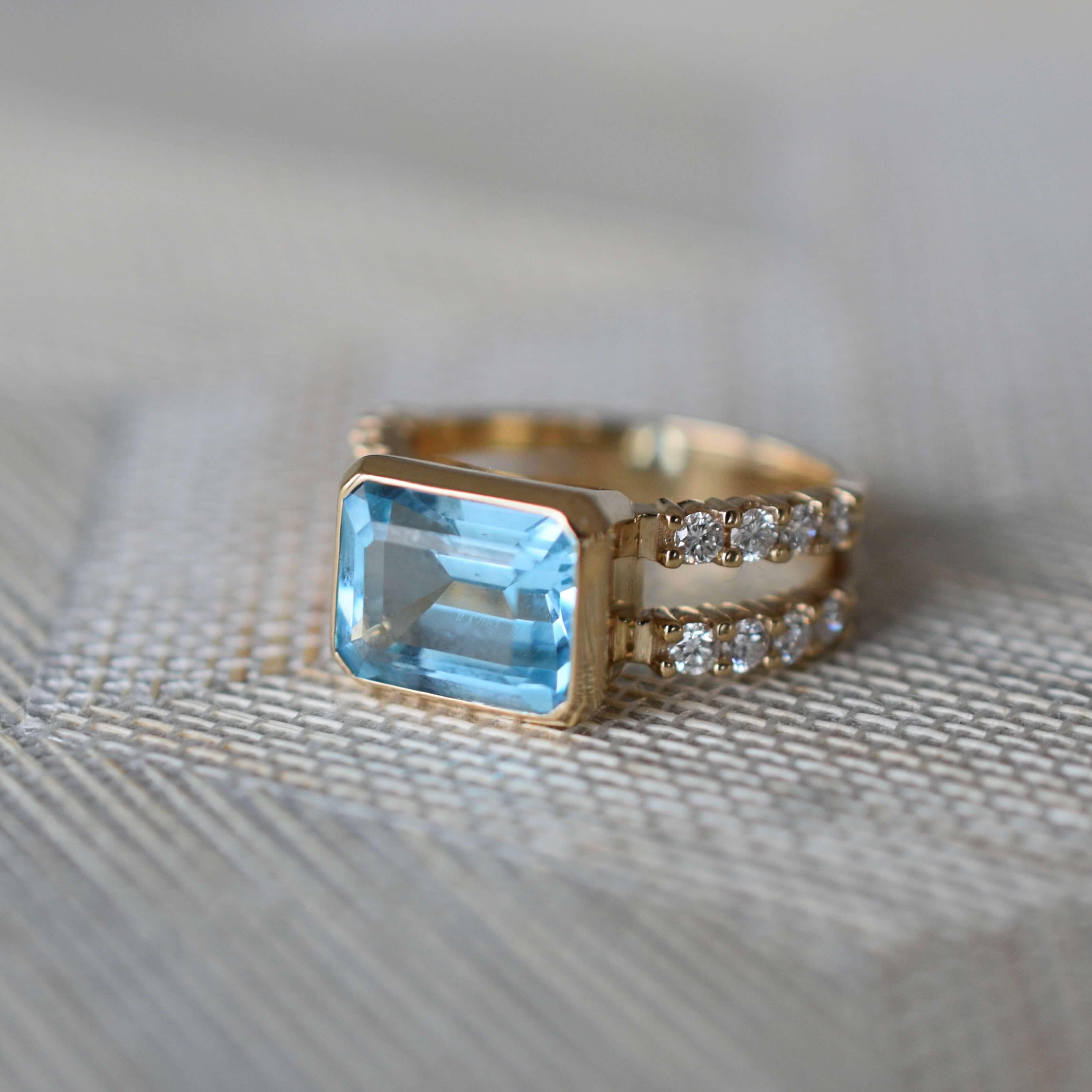 The Vault: Warren Horizontal Nantucket Blue Topaz Ring with Diamonds, Yellow Gold Size 8 - Image 7