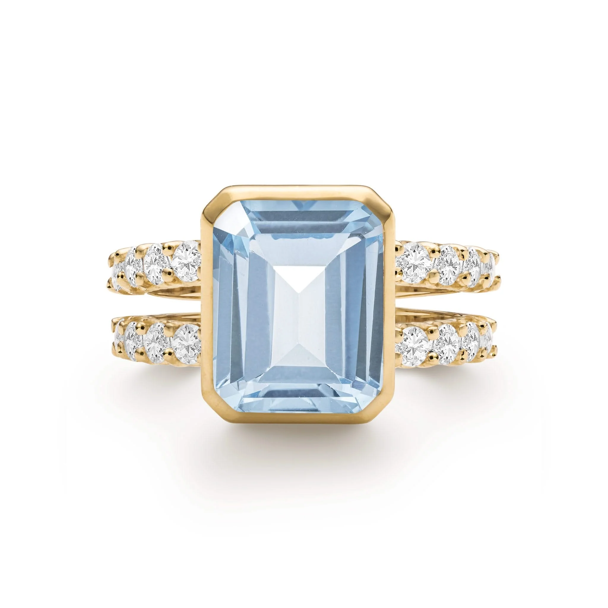 The Vault: Warren Vertical Aquamarine Ring with Diamonds, Yellow Gold Size 7.5