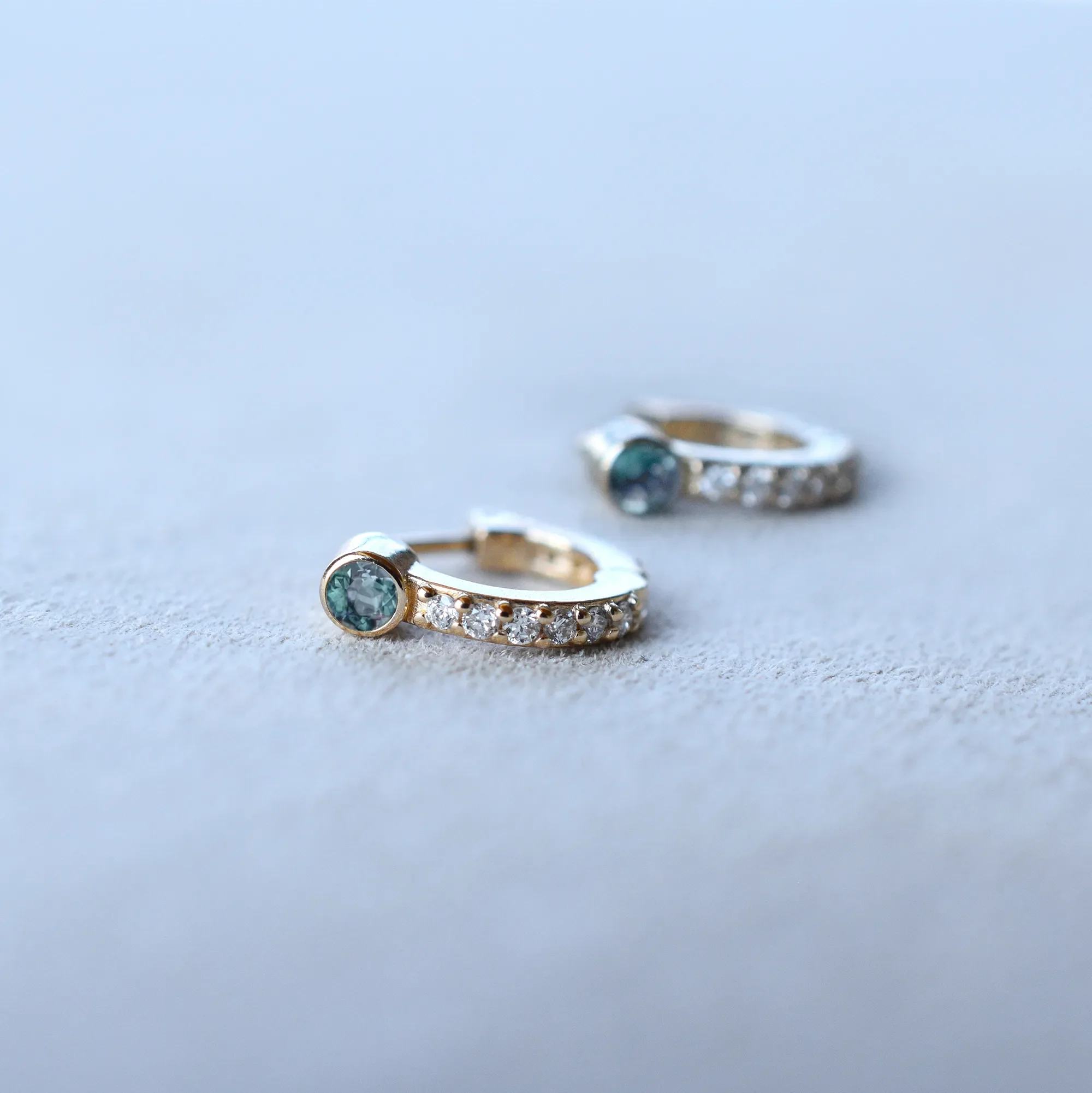 Tiny Alexandrite Huggie Hoops with Diamonds in 14k Gold (June) - Image 6