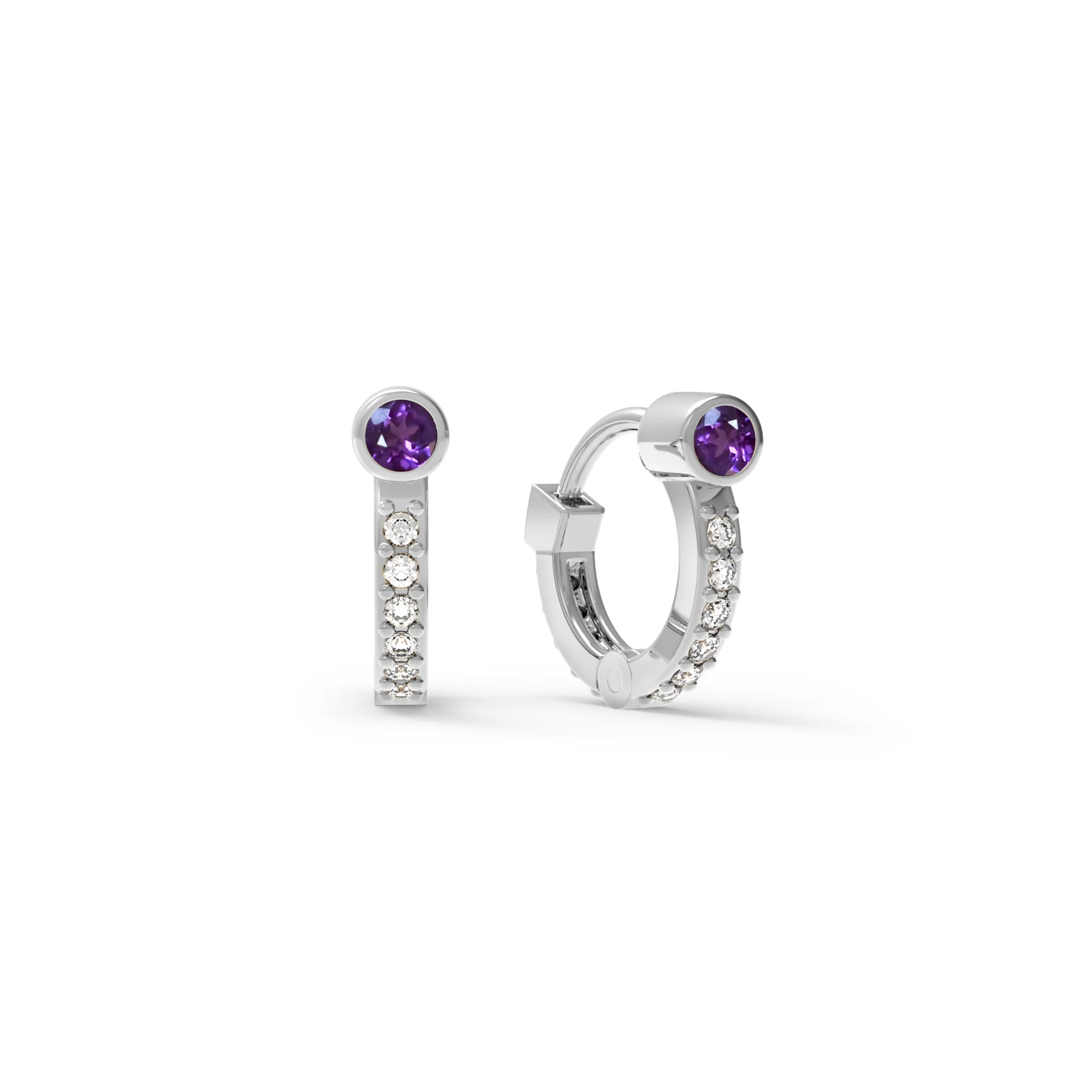 Tiny Amethyst Huggie Hoops with Diamonds in 14k Gold (February) - Image 5