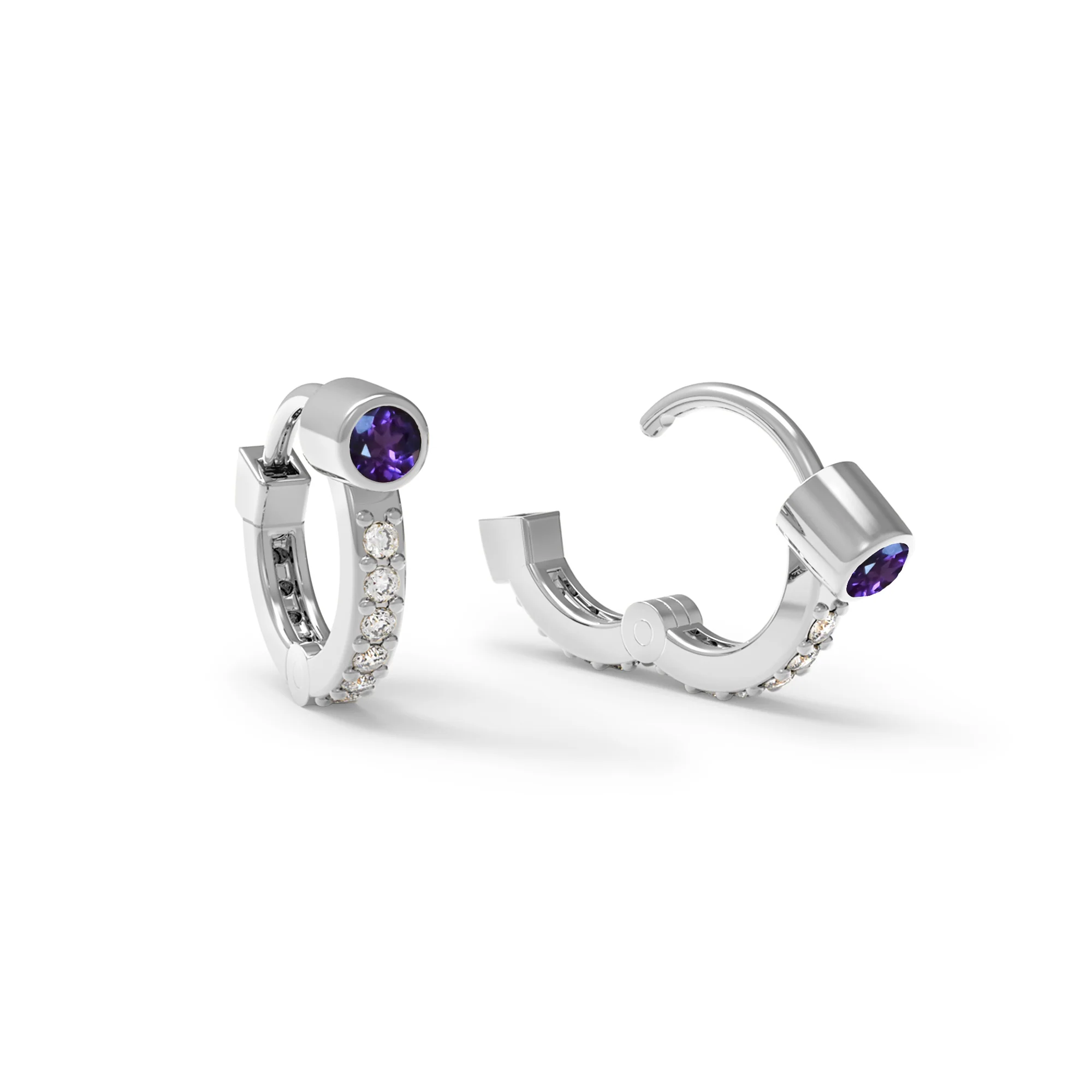Tiny Amethyst Huggie Hoops with Diamonds in 14k Gold (February) - Image 8
