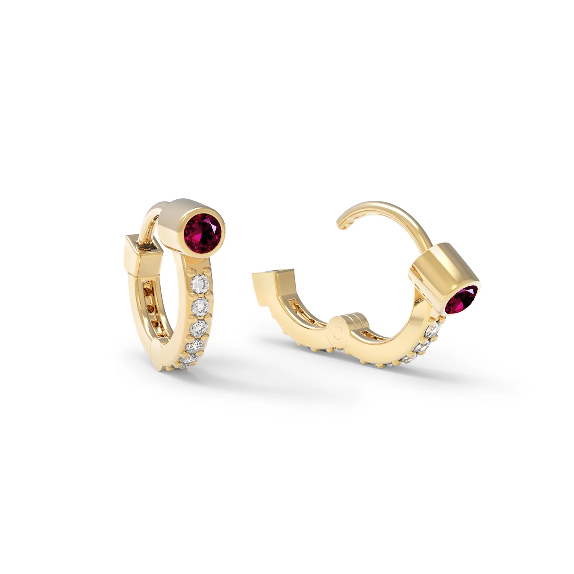 Tiny Ruby Huggie Hoops with Diamonds in 14k Gold (July) - Image 4