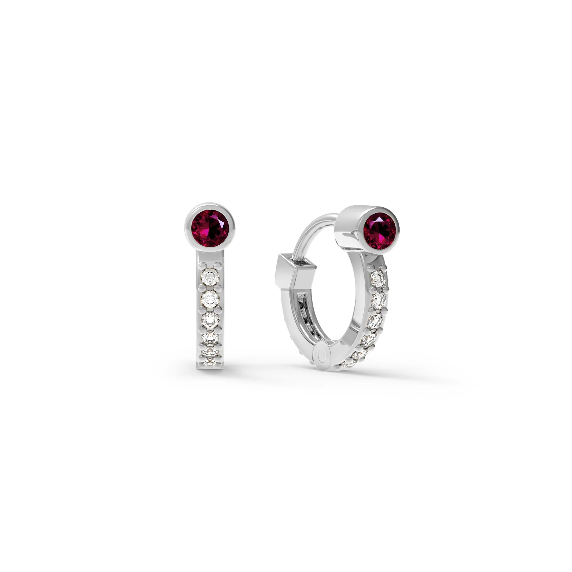 Tiny Ruby Huggie Hoops with Diamonds in 14k Gold (July) - Image 5