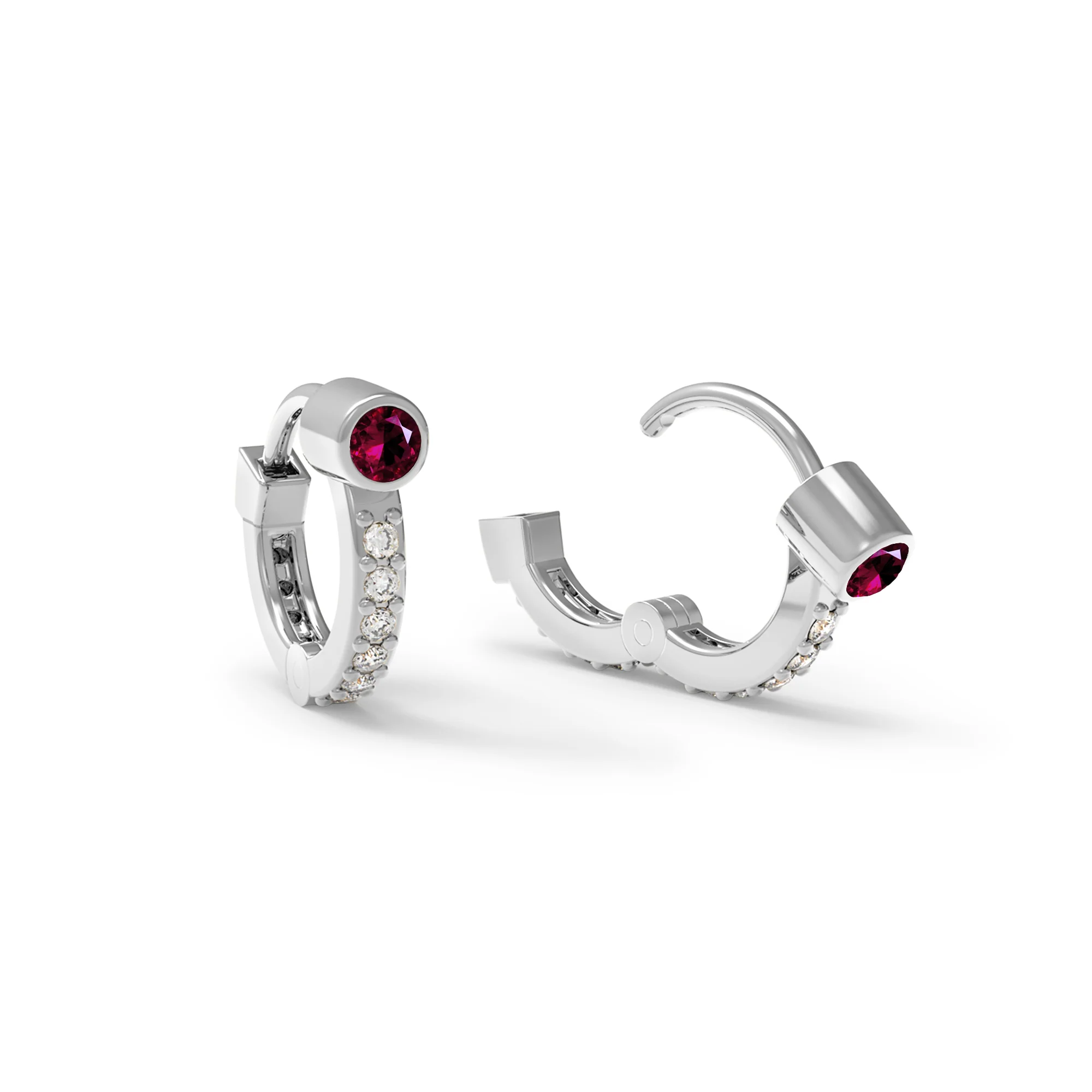 Tiny Ruby Huggie Hoops with Diamonds in 14k Gold (July) - Image 8