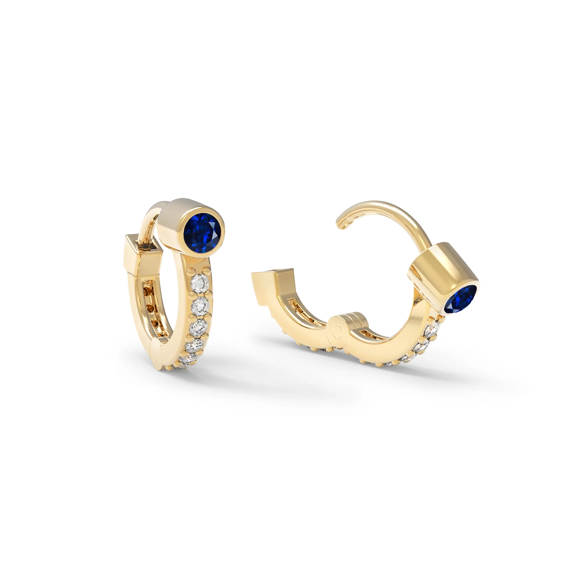 Tiny Sapphire Huggie Hoops with Diamonds in 14k Gold (September) - Image 4