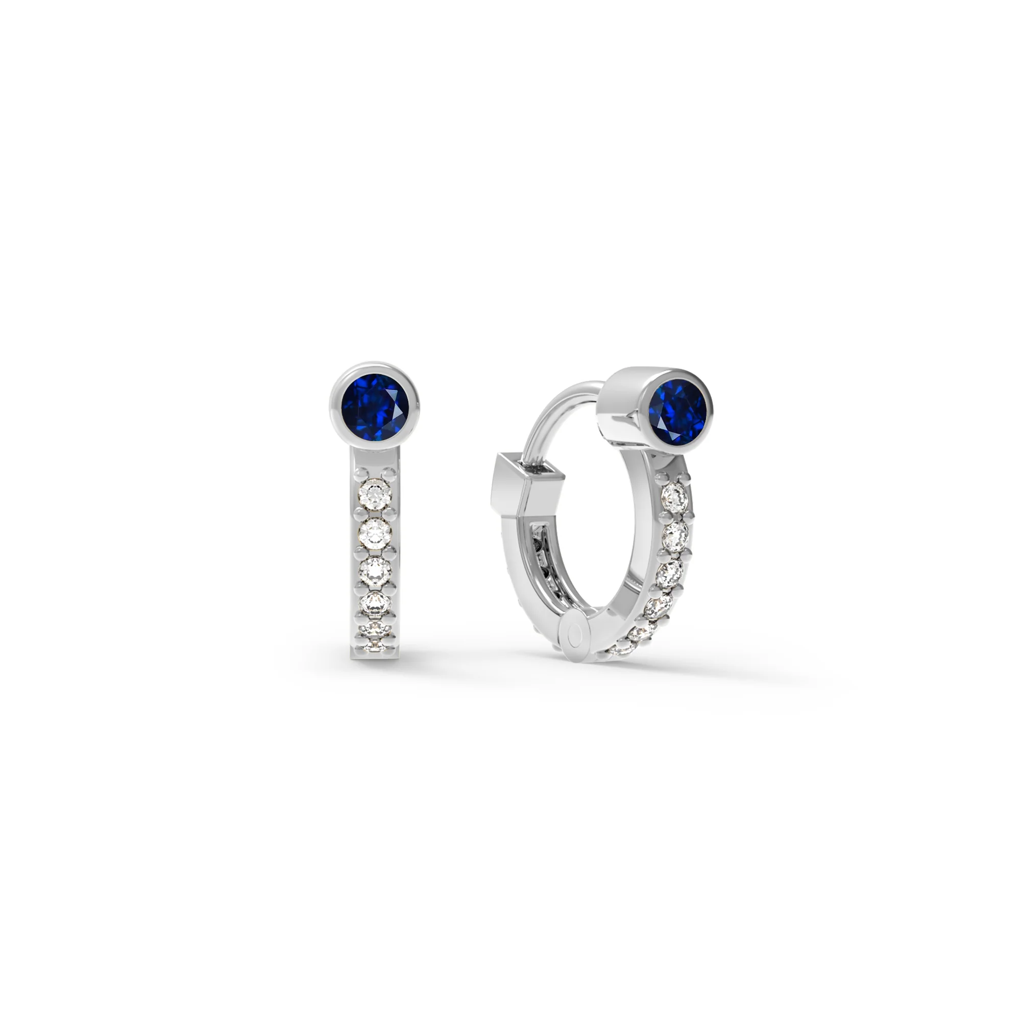 Tiny Sapphire Huggie Hoops with Diamonds in 14k Gold (September) - Image 5