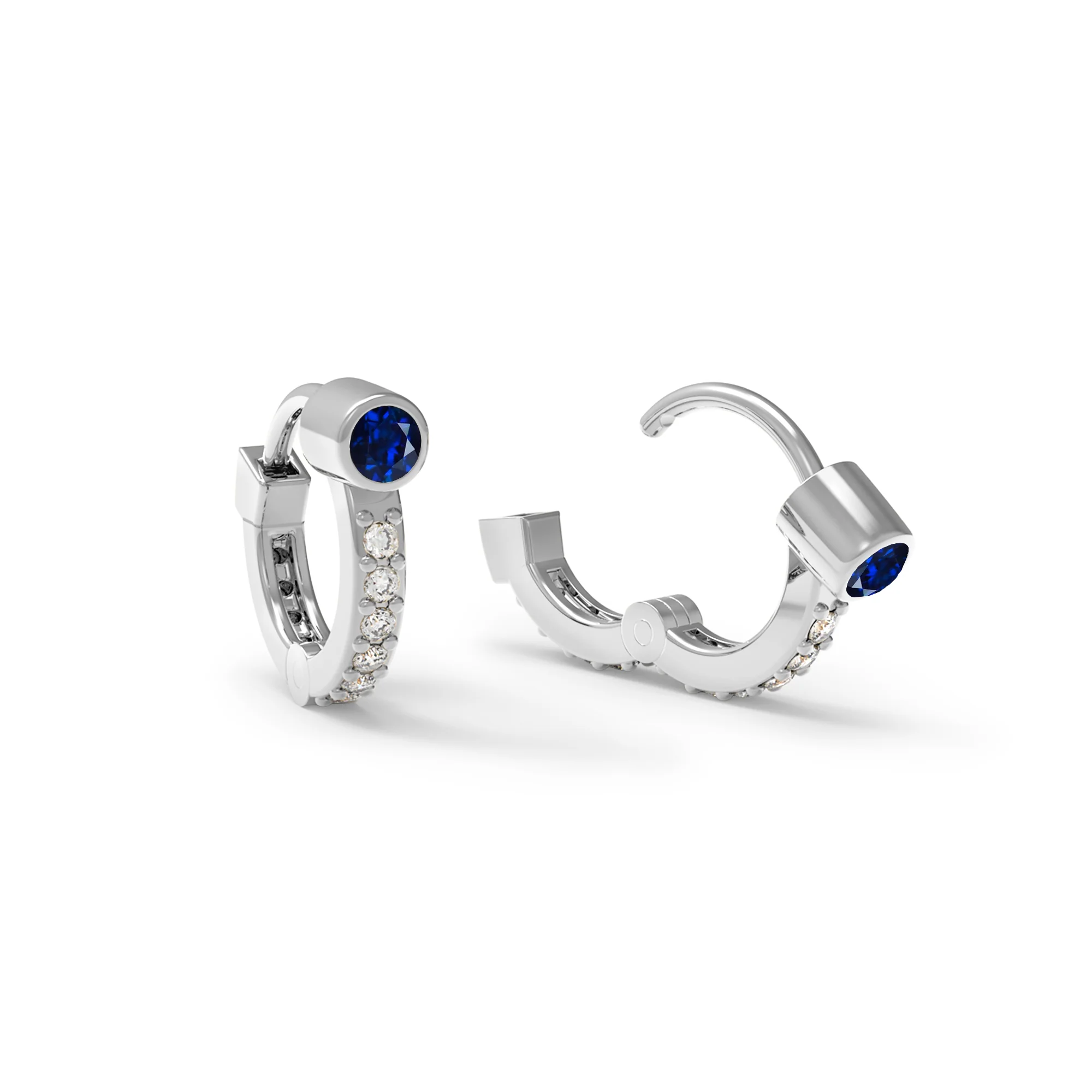 Tiny Sapphire Huggie Hoops with Diamonds in 14k Gold (September) - Image 8