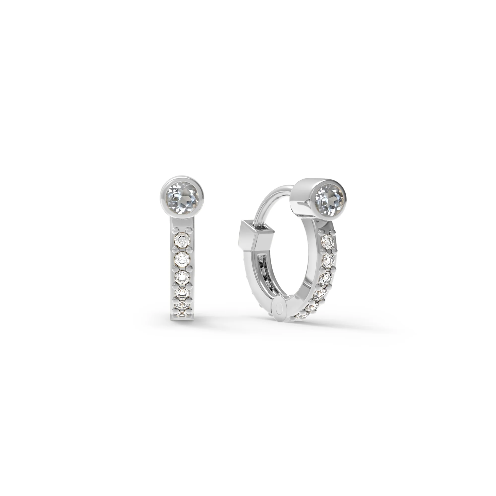 Tiny White Topaz Huggie Hoops with Diamonds in 14k Gold (April) - Image 5