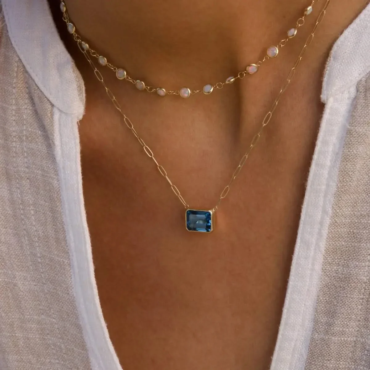 Warren Atlantic Blue Topaz Necklace on Adelaide Mini Chain in 14k Gold (December) - Image 2