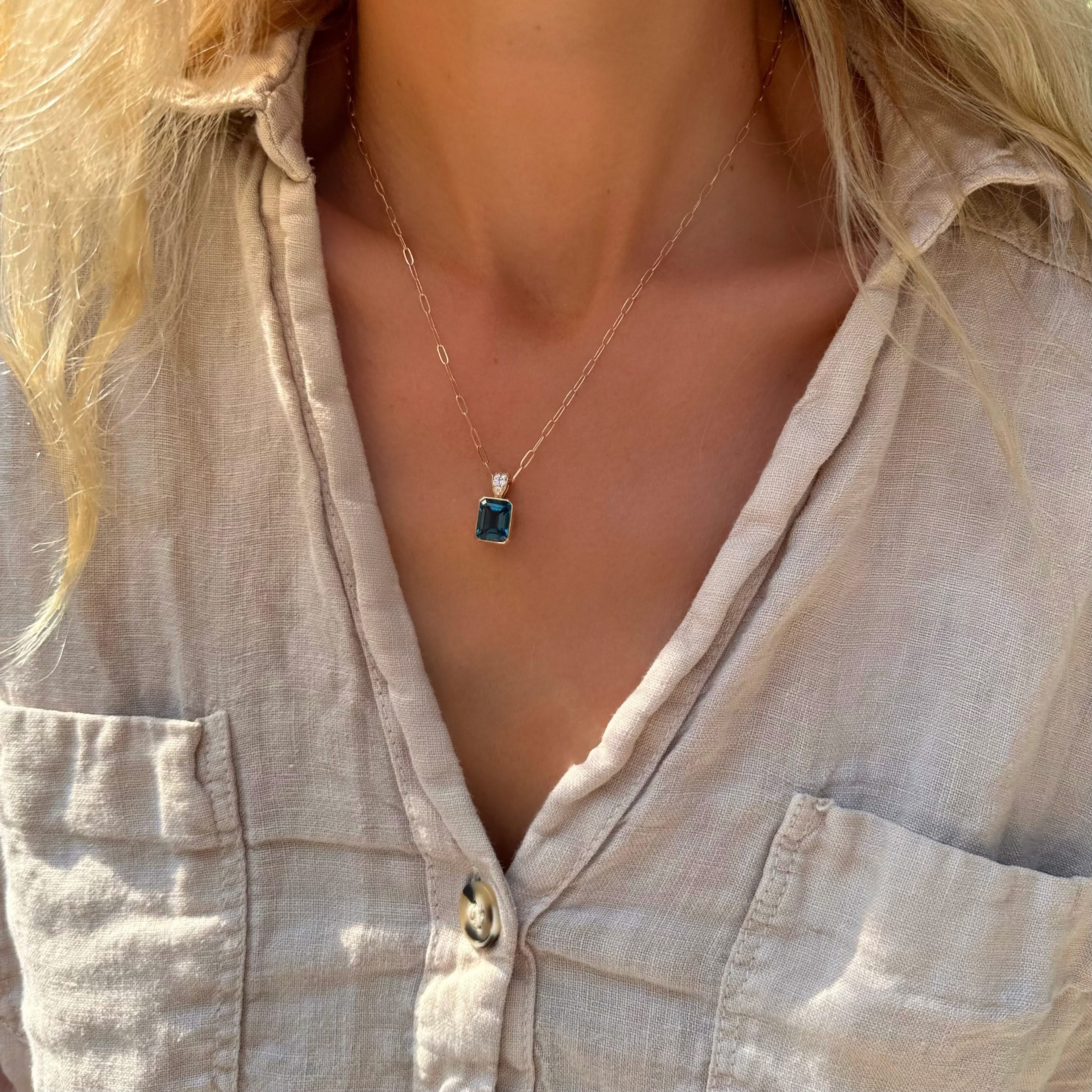 Warren Atlantic Blue Topaz Pendant with Diamond Bail in 14k Gold (December) - Image 2