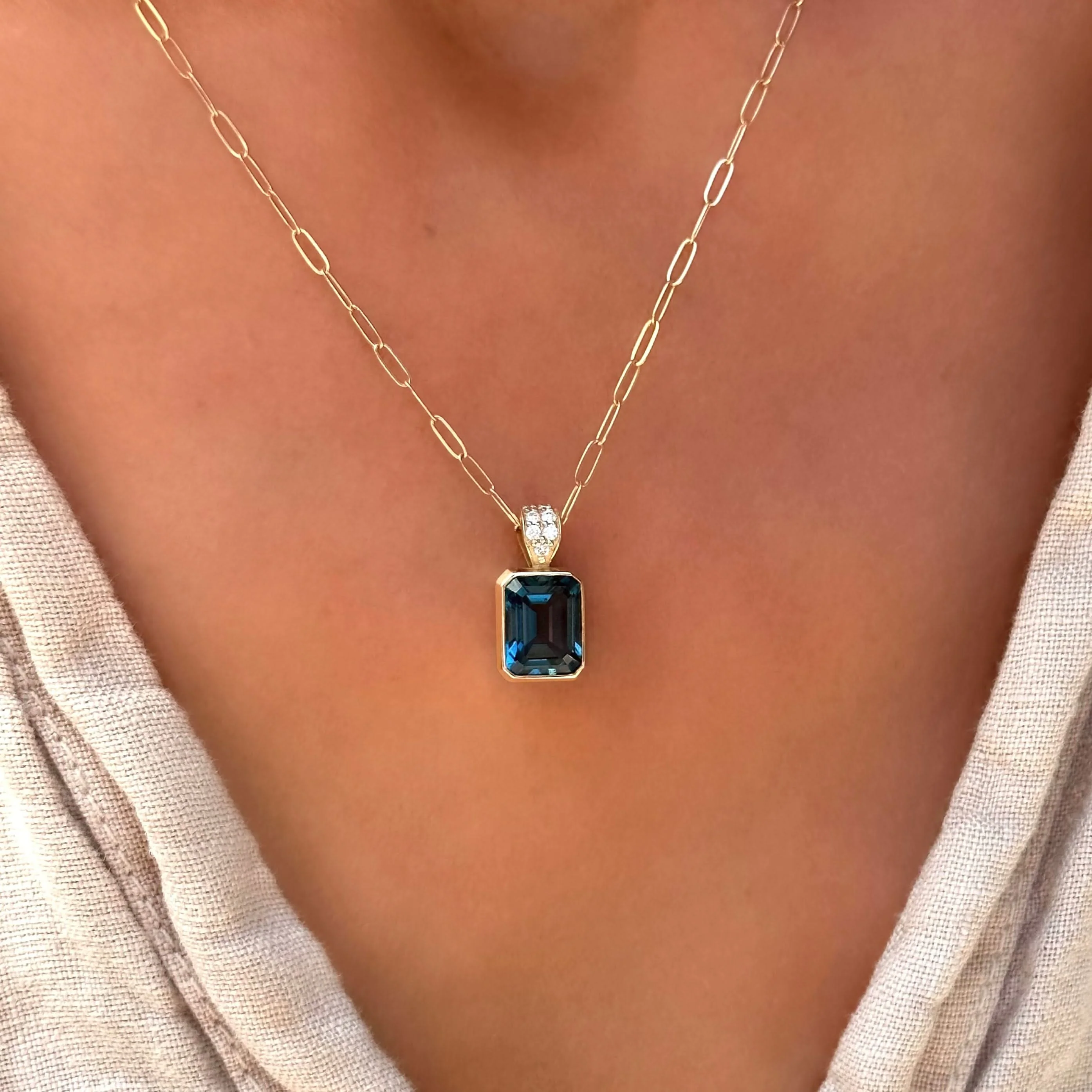Warren Atlantic Blue Topaz Pendant with Diamond Bail in 14k Gold (December) - Image 3