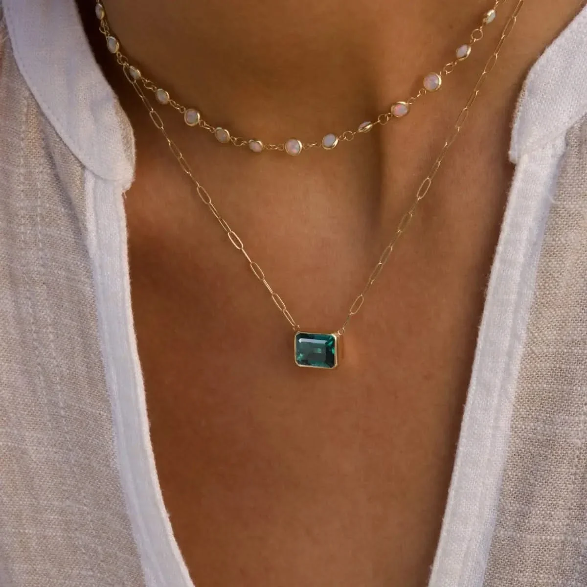 Warren Emerald Necklace on Adelaide Mini Chain in 14k Gold (May) - Image 3
